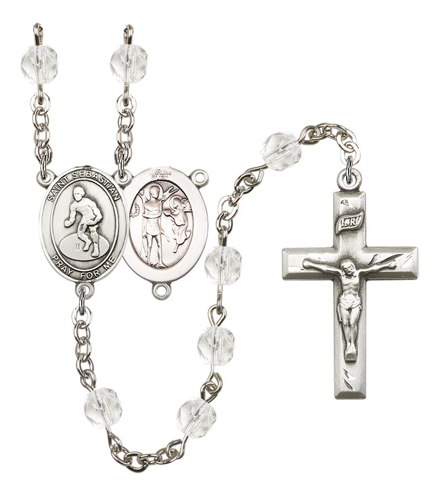 St. Sebastian / Wrestling Rosary, 6mm Fire Polished Crystal Beads, Silver Plate, # 16917