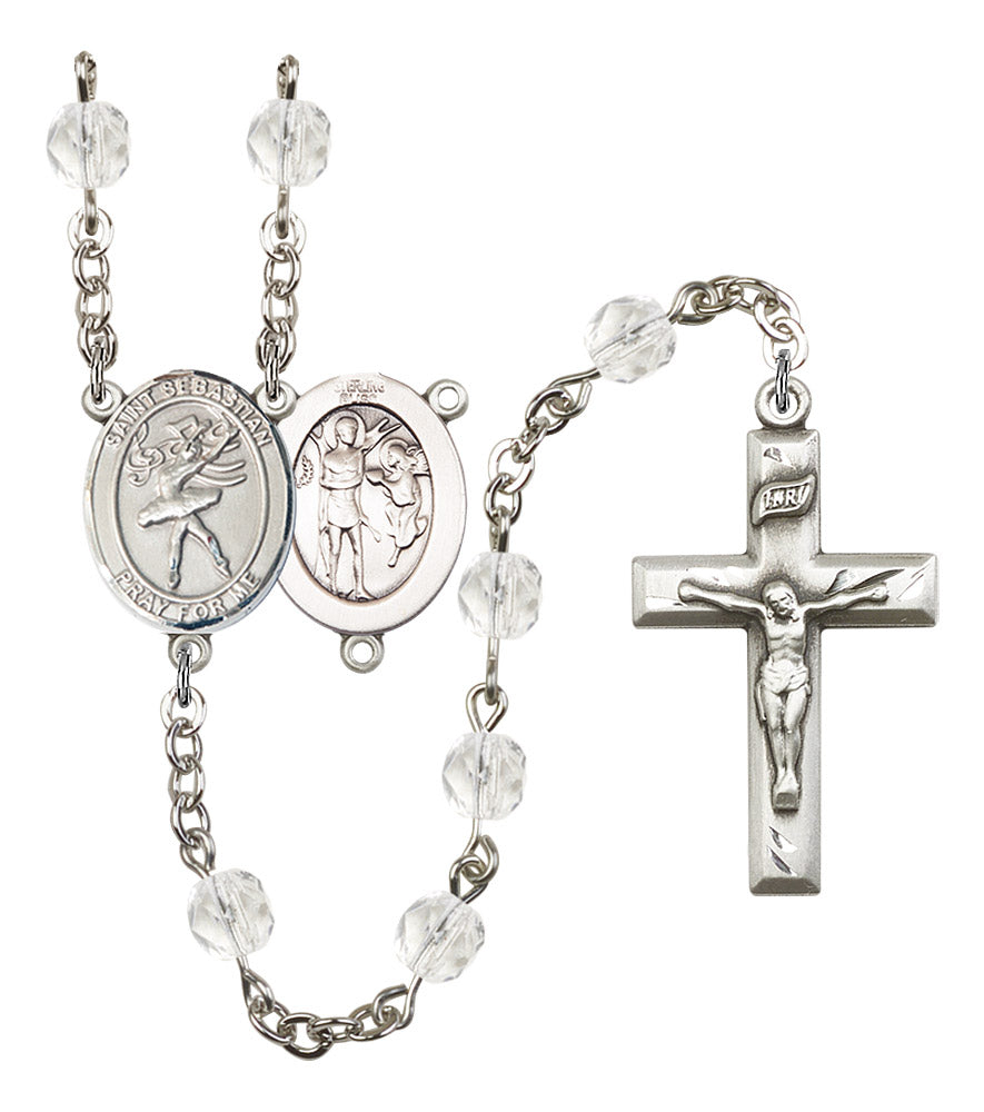 St. Sebastian / Dance Rosary, 6mm Fire Polished Crystal Beads, Silver Plate, # 16921