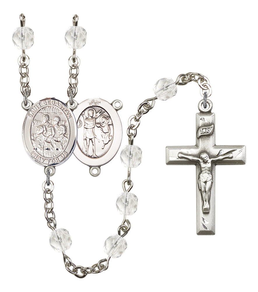 St. Sebastian / Choir Rosary, 6mm Fire Polished Crystal Beads, Silver Plate, # 16923