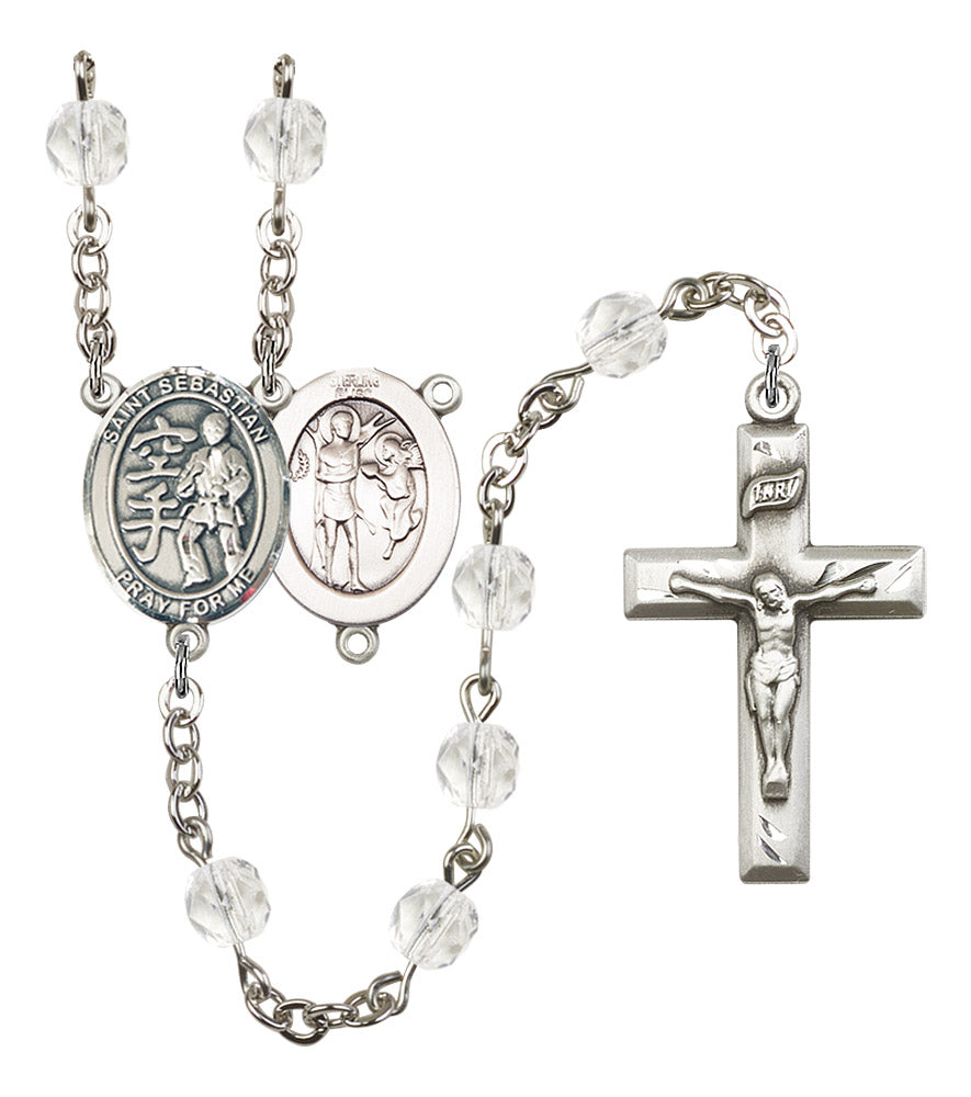 St. Sebastian / Karate Rosary, 6mm Fire Polished Crystal Beads, Silver Plate, # 16924