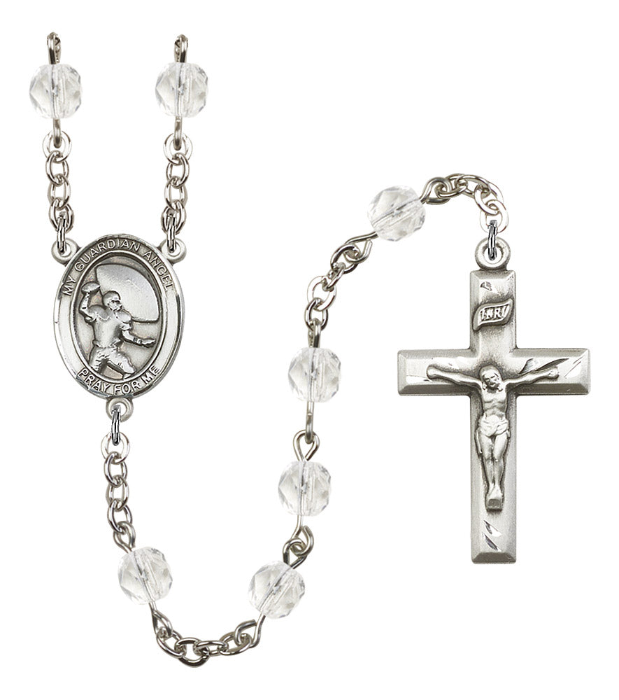 Guardian Angel / Football Rosary, 6mm Fire Polished Crystal Beads, Silver Plate, # 16928