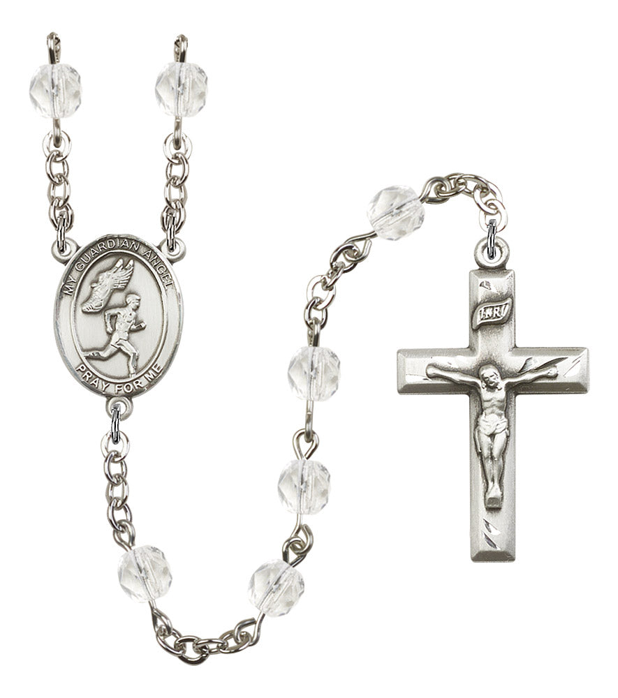 Guardian Angel / Men's Track & Field Rosary, 6mm Fire Polished Crystal Beads, Silver Plate, # 16936