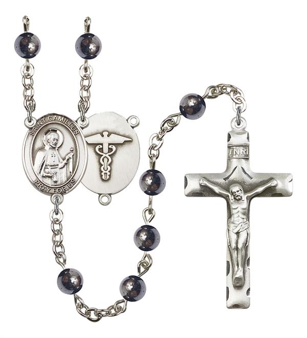 St. Camillus Nurse Rosary, 6mm Hematite Beads, Silver Plate, # 10793