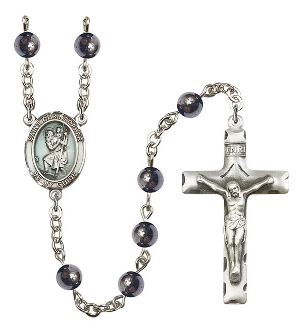 St. Christopher Rosary, Blue Enamel, 6mm Hematite Beads, Silver Plate, # 10797