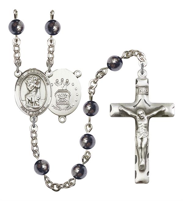 St. Christopher U.S. Air Force Rosary, 6mm Hematite Beads, Silver Plate, # 10798