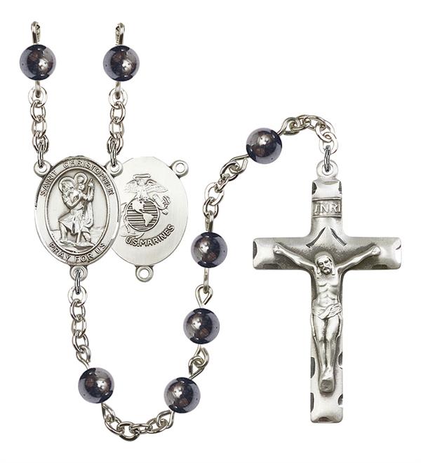 St. Christopher U.S. Marines Rosary, 6mm Hematite Beads, Silver Plate, # 10801