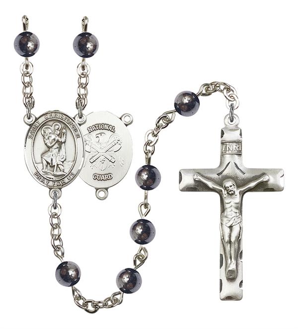 St. Christopher National Guard Rosary, 6mm Hematite Beads, Silver Plate, # 10802