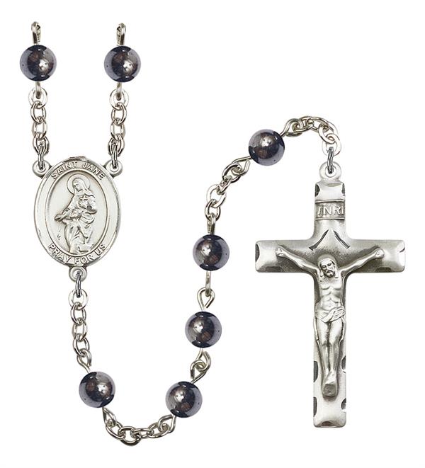 St. Jane Rosary, 6mm Hematite Beads, Silver Plate, # 10813