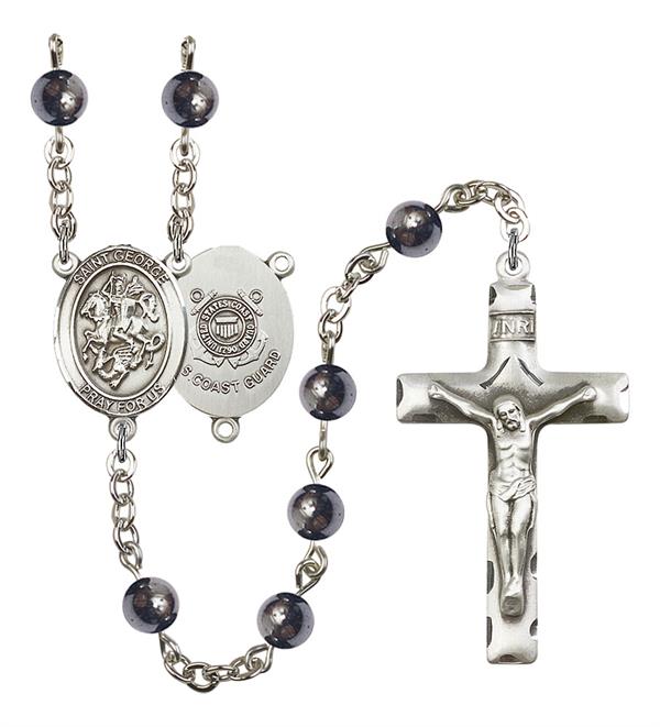 St. George U.S. Coast Guard Rosary, 6mm Hematite Beads, Silver Plate, # 10828