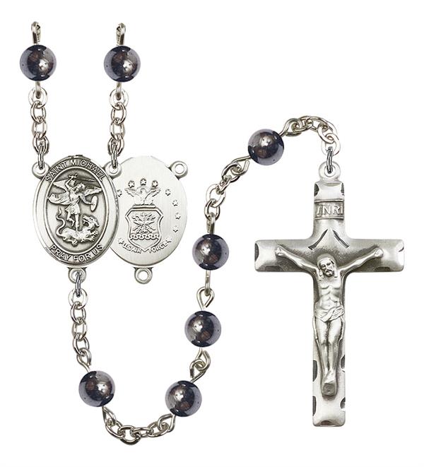 St. Michael U.S. Air Force Rosary, 6mm Hematite Beads, Silver Plate, # 10877
