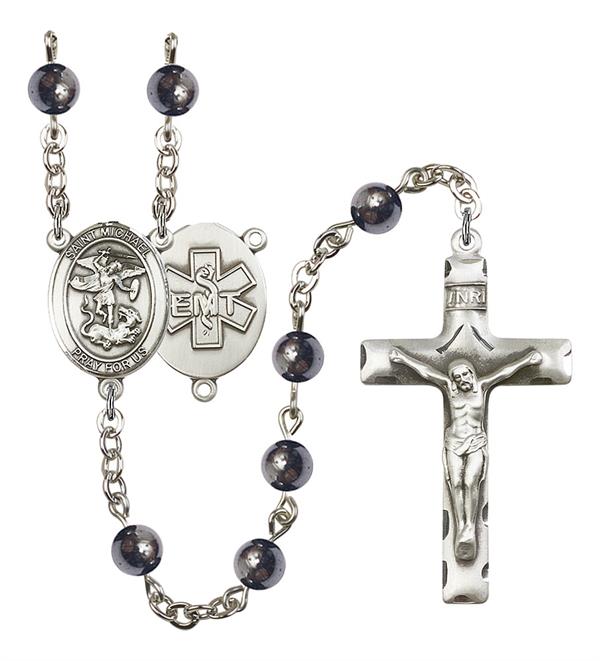 St. Michael EMT Rosary, 6mm Hematite Beads, Silver Plate, # 10886