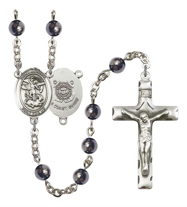 St. Michael U.S. Coast Guard Rosary, 6mm Hematite Beads, Silver Plate, # 10879
