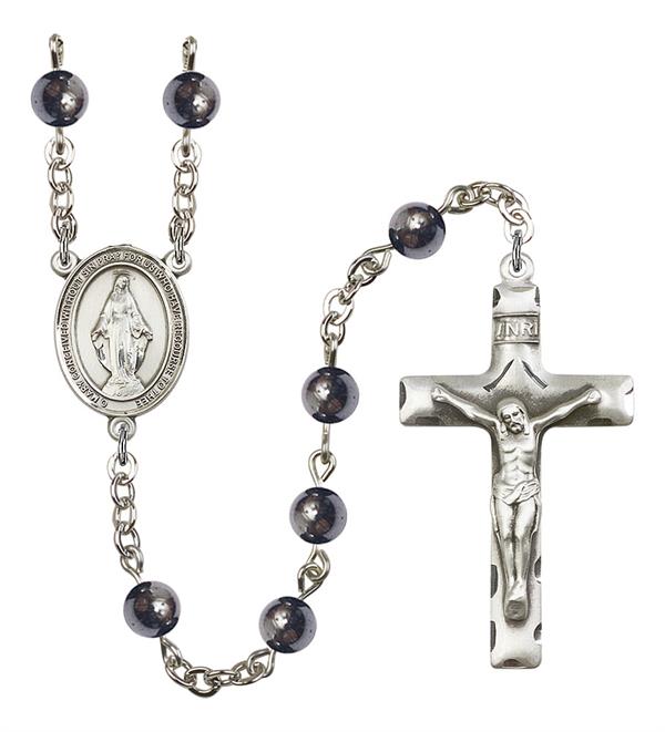 Miraculous Medal Rosary, 6mm Hematite Beads, Silver Plate, # 10890