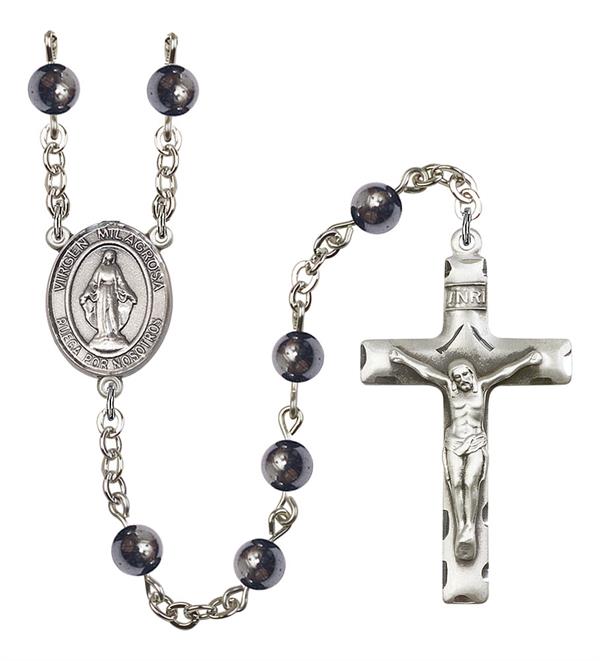 Virgen Milagosa Spanish Rosary, 6mm Hematite Beads, Silver Plate, # 10891