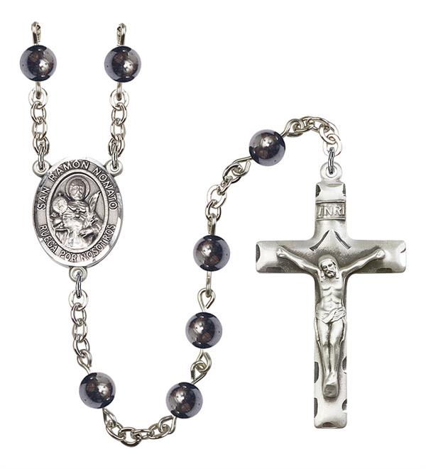 San Ramon Nonato Spanish Rosary, 6mm Hematite Beads, Silver Plate, # 10908