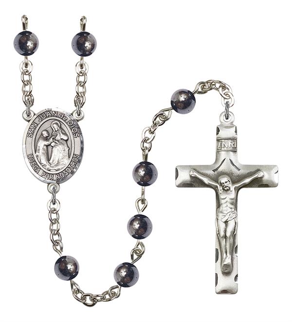 San Juan de Dios Spanish Rosary, 6mm Hematite Beads, Silver Plate, # 10931