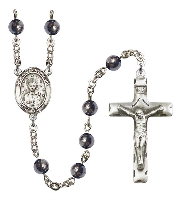 Our Lady of La Vang Rosary, 6mm Hematite Beads, Silver Plate, # 10934