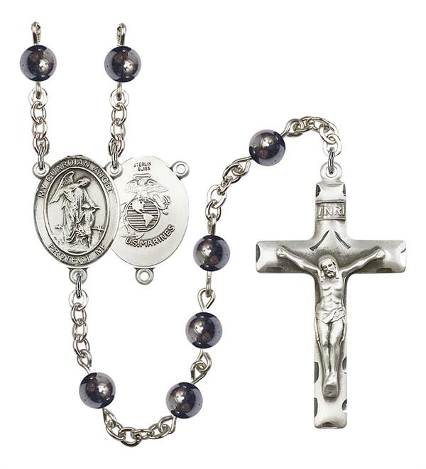 Guardian Angel U.S. Marines Rosary, 6mm Hematite Beads, Silver Plate, # 10941