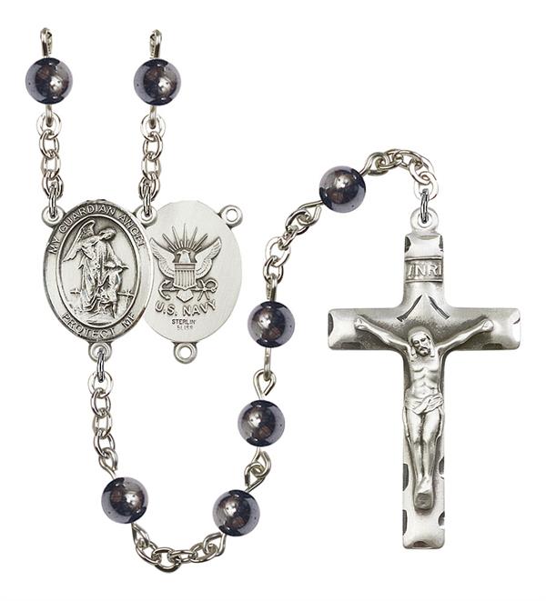 Guardian Angel U.S. Navy Rosary, 6mm Hematite Beads, Silver Plate, # 10943