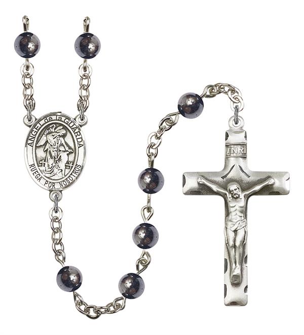 Angel de la Guarda Spanish Rosary, 6mm Hematite Beads, Silver Plate, # 10946