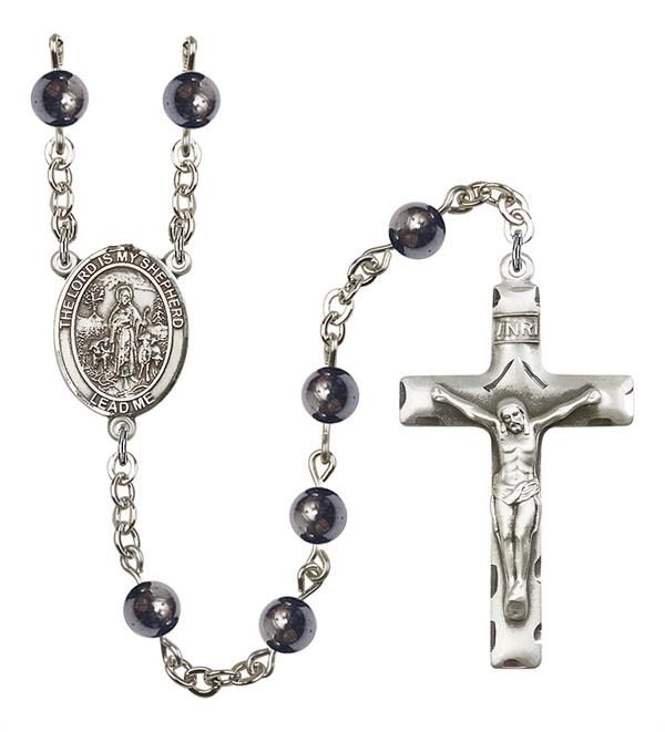The Lord is my Shepherd Rosary, 6mm Hematite Beads, Silver Plate, # 10947