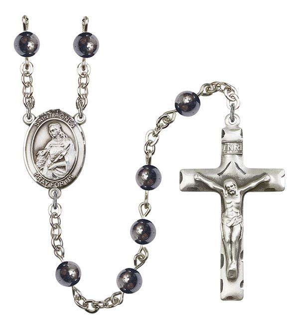 St. Agnes Rosary, 6mm Hematite Beads, Silver Plate, # 10957