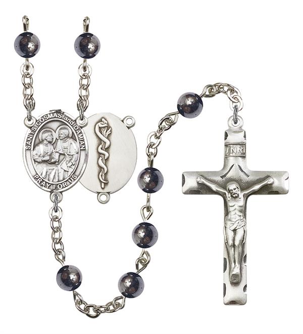 Sts. Cosmas and Damian Doctor's Rosary, 6mm Hematite Beads, Silver Plate, # 10961