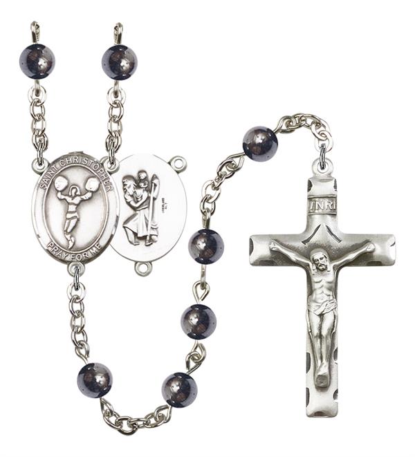 St. Christopher / Cheerleading Rosary, 6mm Hematite Beads, Silver Plate, # 11619