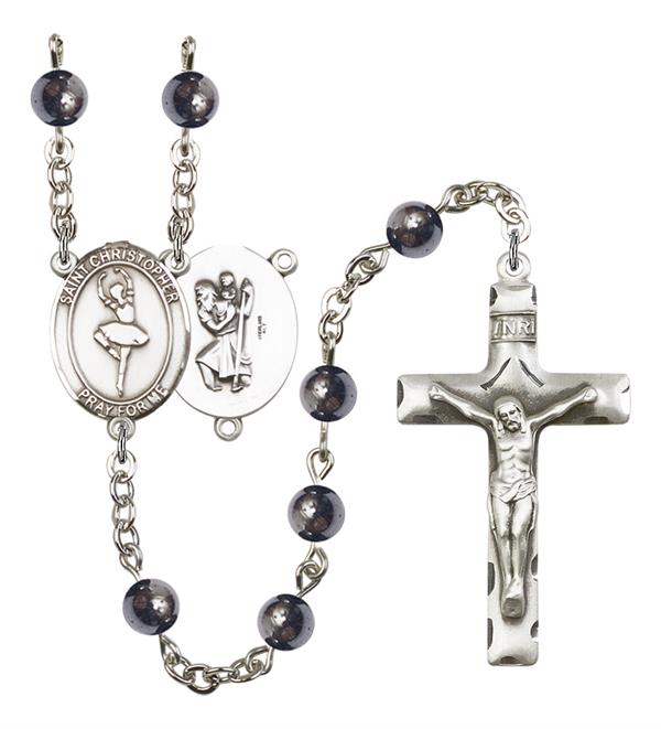 St. Christopher / Dance Rosary, 6mm Hematite Beads, Silver Plate, # 11621