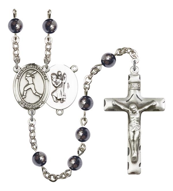 St. Christopher / Women's Softball Rosary, 6mm Hematite Beads, Silver Plate, # 11623