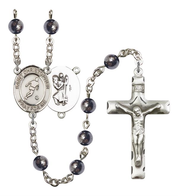St. Christopher / Soccer Rosary, 6mm Hematite Beads, Silver Plate, # 11628