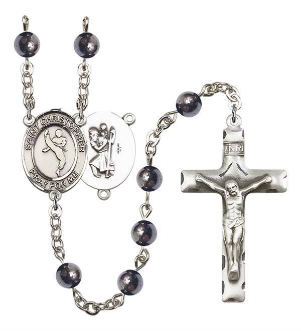 St. Christopher / Martial Arts Rosary, 6mm Hematite Beads, Silver Plate, # 11632
