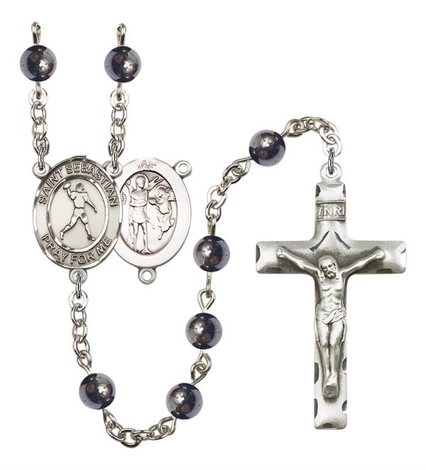 St. Sebastian / Football Rosary, 6mm Hematite Beads, Silver Plate, # 11635