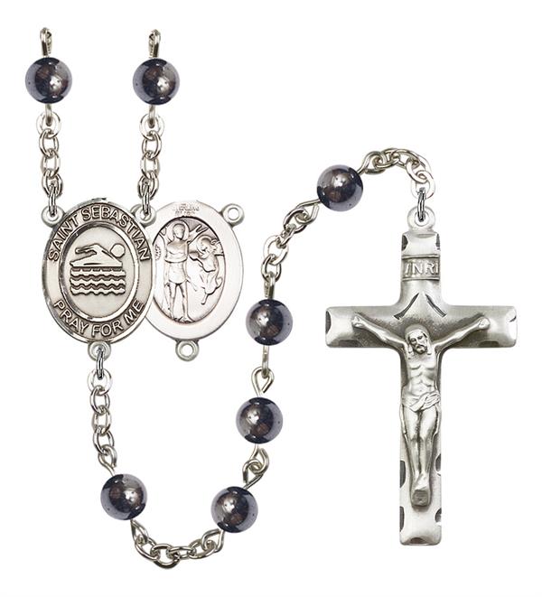 St. Sebastian / Swimming Rosary, 6mm Hematite Beads, Silver Plate, # 11641