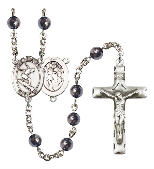 St. Sebastian / Surfing Rosary, 6mm Hematite Beads, Silver Plate, # 11649