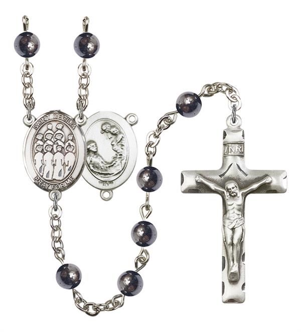 St. Cecilia / Choir Rosary, 6mm Hematite Beads, Silver Plate, # 11654