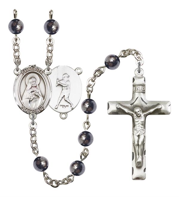 St. Rita / Baseball Rosary, 6mm Hematite Beads, Silver Plate, # 11655