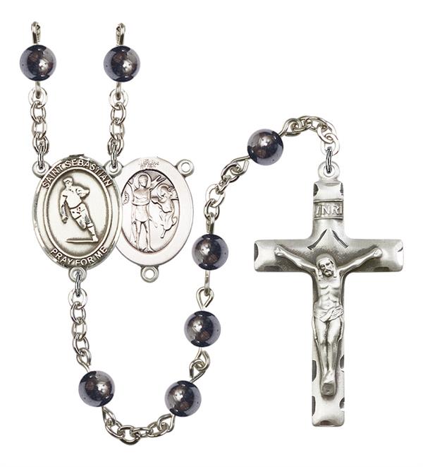 St. Sebastian / Rugby Rosary, 6mm Hematite Beads, Silver Plate, # 11661