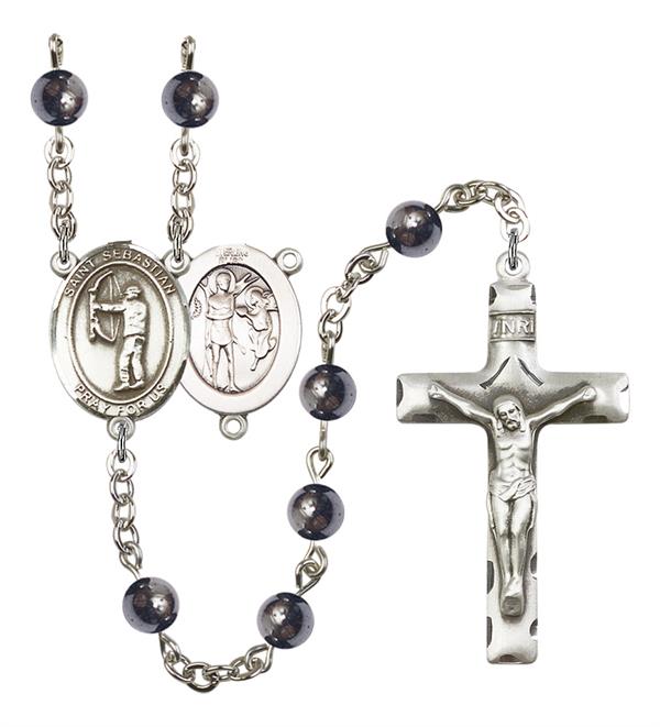 St. Sebastian / Archery Rosary, 6mm Hematite Beads, Silver Plate, # 11663