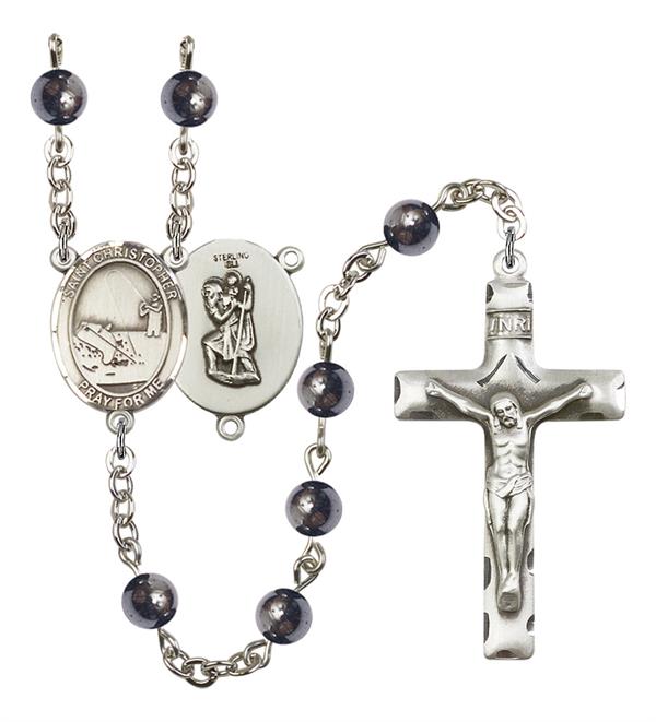 St. Christopher / Fishing Rosary, 6mm Hematite Beads, Silver Plate, # 11670