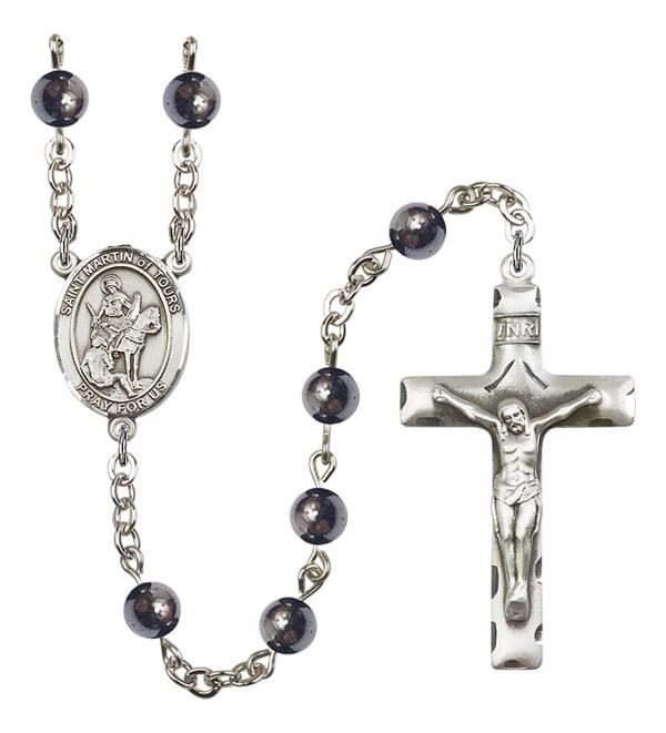 St. Martin of Tours Rosary, 6mm Hematite Beads, Silver Plate, # 11674