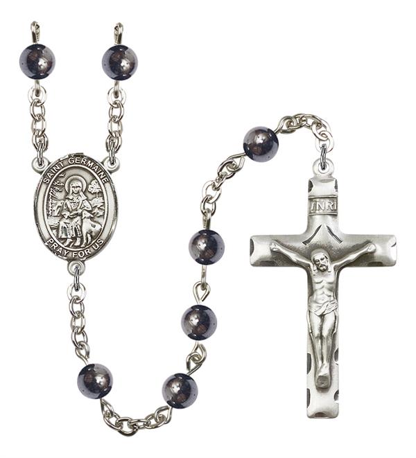 St. Germaine Cousin Rosary, 6mm Hematite Beads, Silver Plate, # 11689