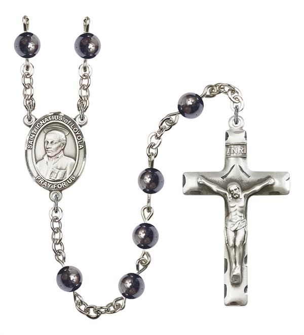 St. Ignatius of Loyola Rosary, 6mm Hematite Beads, Silver Plate, # 11698