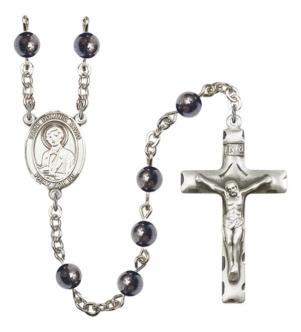 St. Dominic Savio Rosary, 6mm Hematite Beads, Silver Plate, # 11708