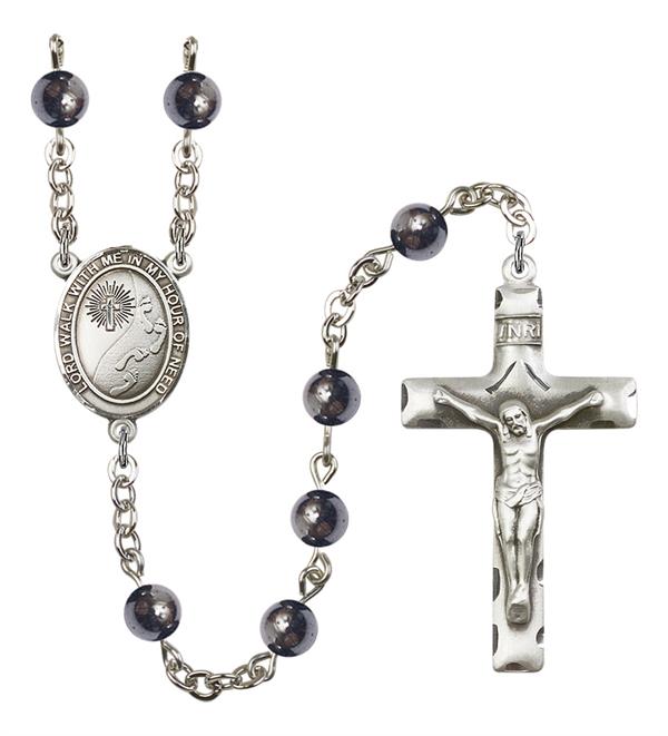 St. Footprints / Cross Rosary, 6mm Hematite Beads, Silver Plate, # 11719