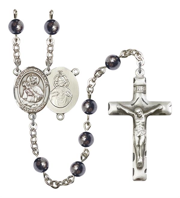 Our Lady of Mount Carmel Rosary, 6mm Hematite Beads, Silver Plate, # 11725
