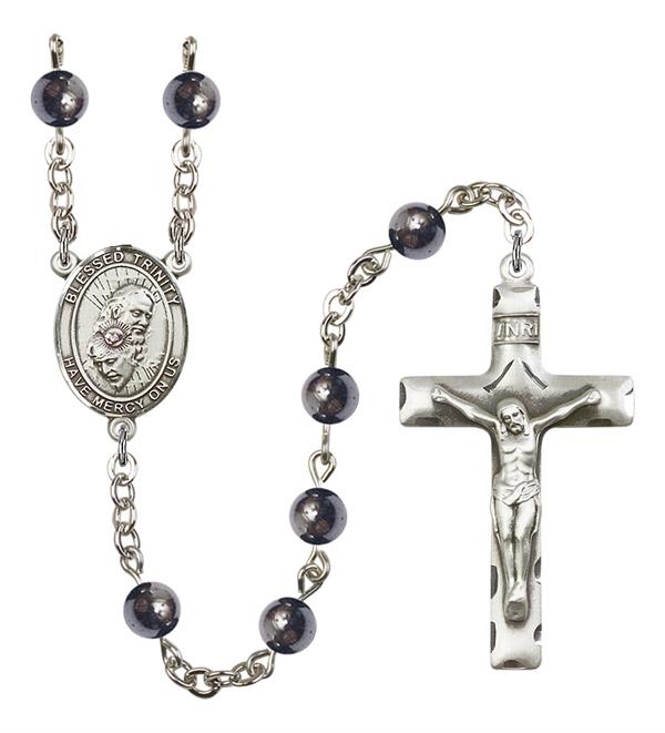 Blessed Trinity Rosary, 6mm Hematite Beads, Silver Plate, # 11732