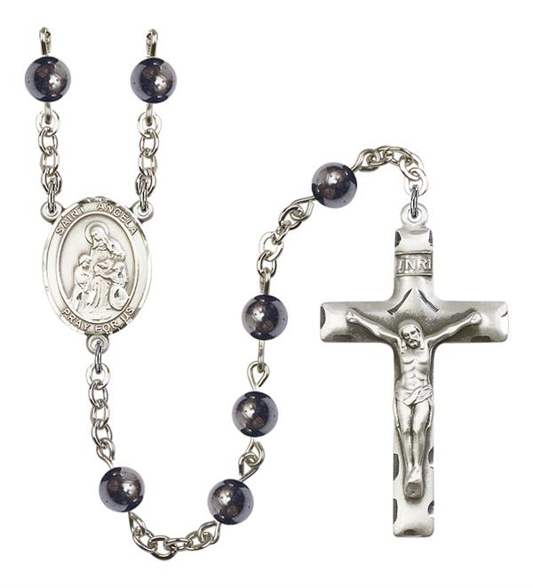 St. Angela Merici Rosary, 6mm Hematite Beads, Silver Plate, # 11771
