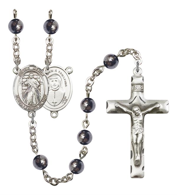 Divine Mercy Rosary, 6mm Hematite Beads, Silver Plate, # 11857