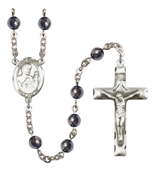 St. Kieran Rosary, 6mm Hematite Beads, Silver Plate, # 11859